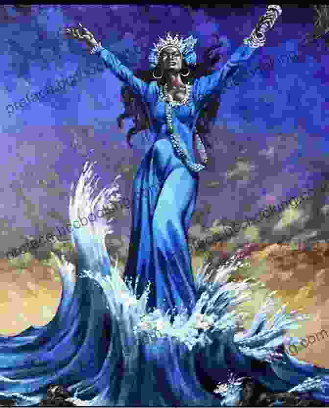 A Majestic Painting Of Yemaya, The Orisha Goddess Of The Sea, Adorned In Flowing Blue Robes And Surrounded By Swirling Waters. Yemaya: Orisha Goddess And Queen Of The Sea