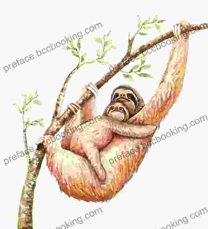 Illustration From 'Sloths In The Night' Depicting A Sloth Mother And Baby Hanging From A Tree Branch Under The Moonlight. Peter Ernesto: Sloths In The Night